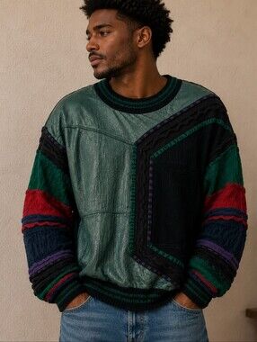 Saxony Collection VTG 80s Cosby Sweater XL Colorblock Leather Suede HipHop 90s